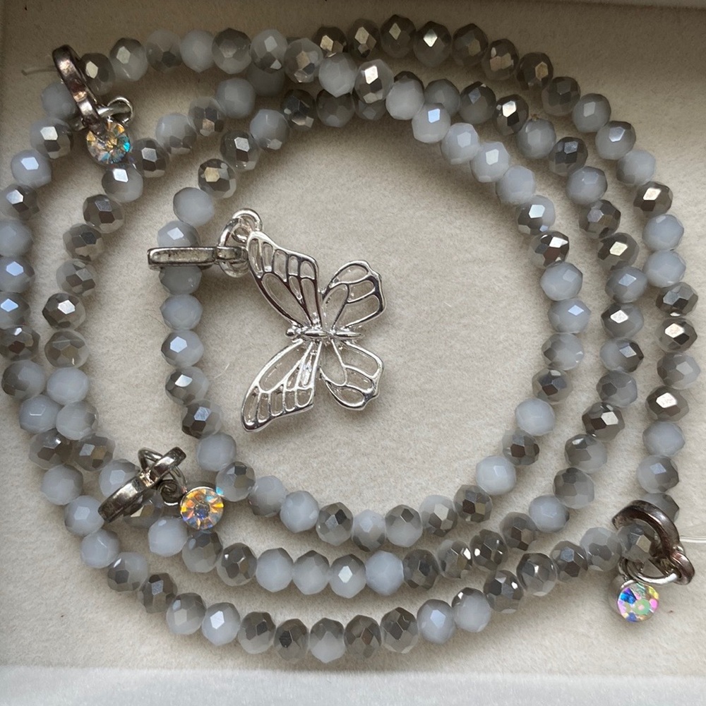 Handmade Silver Butterfly Gray Beaded Bracelet